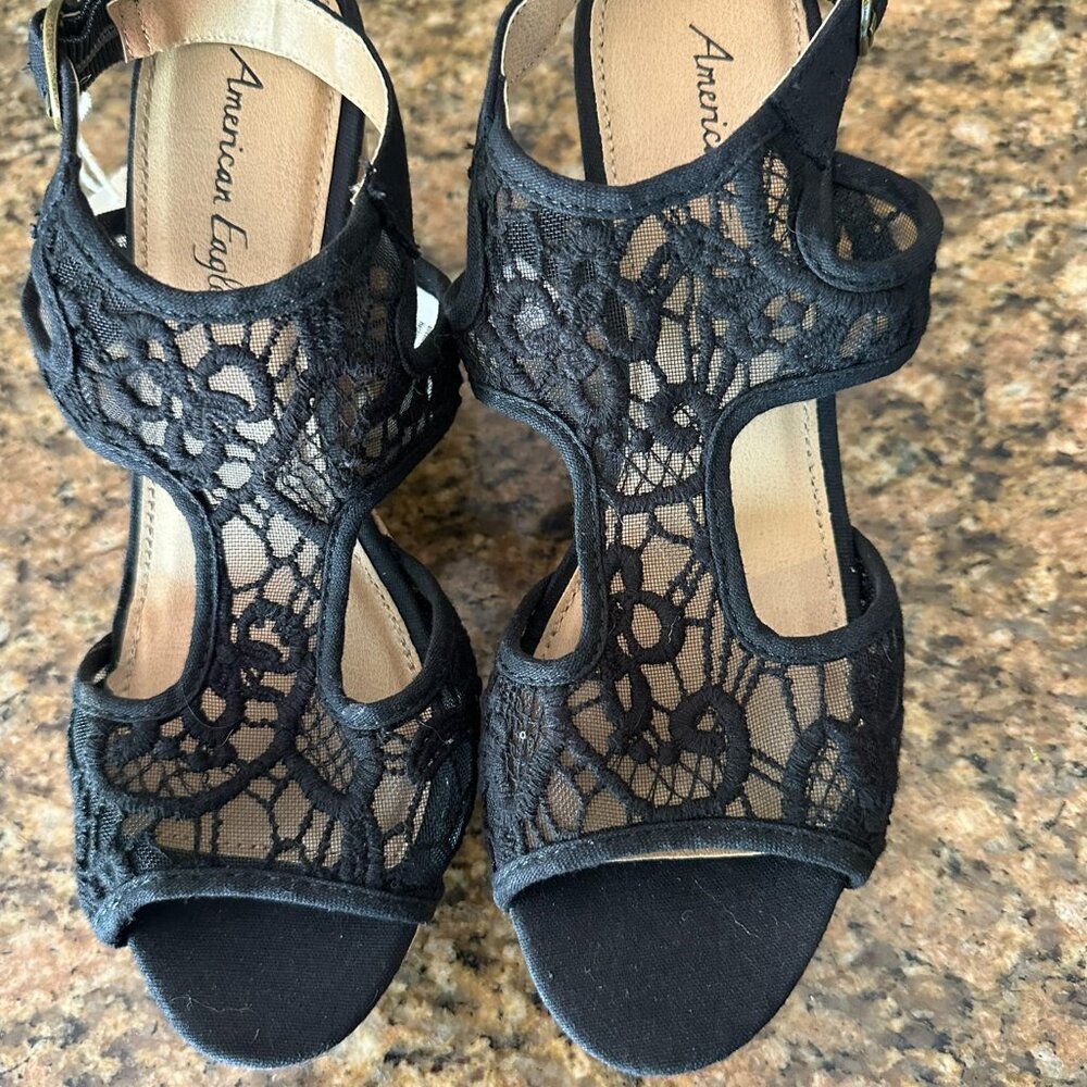 American Eagle,  Lace Crochet Black, Canvas Cork Wedge Heel Sandals, 8 1/2, NWT